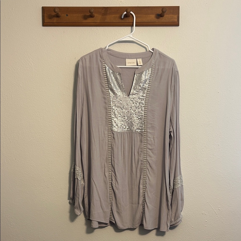 NWT Chico's Grey Blouse with Sequins Size 12